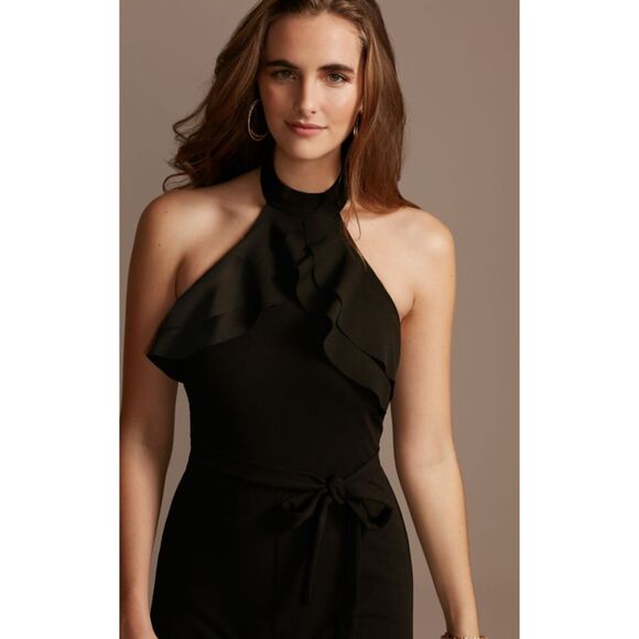 New Bebe High Neck‎ Double Ruffle Halter Jumpsuit Jumper Sash Black Size 2 Small - Picture 1 of 10